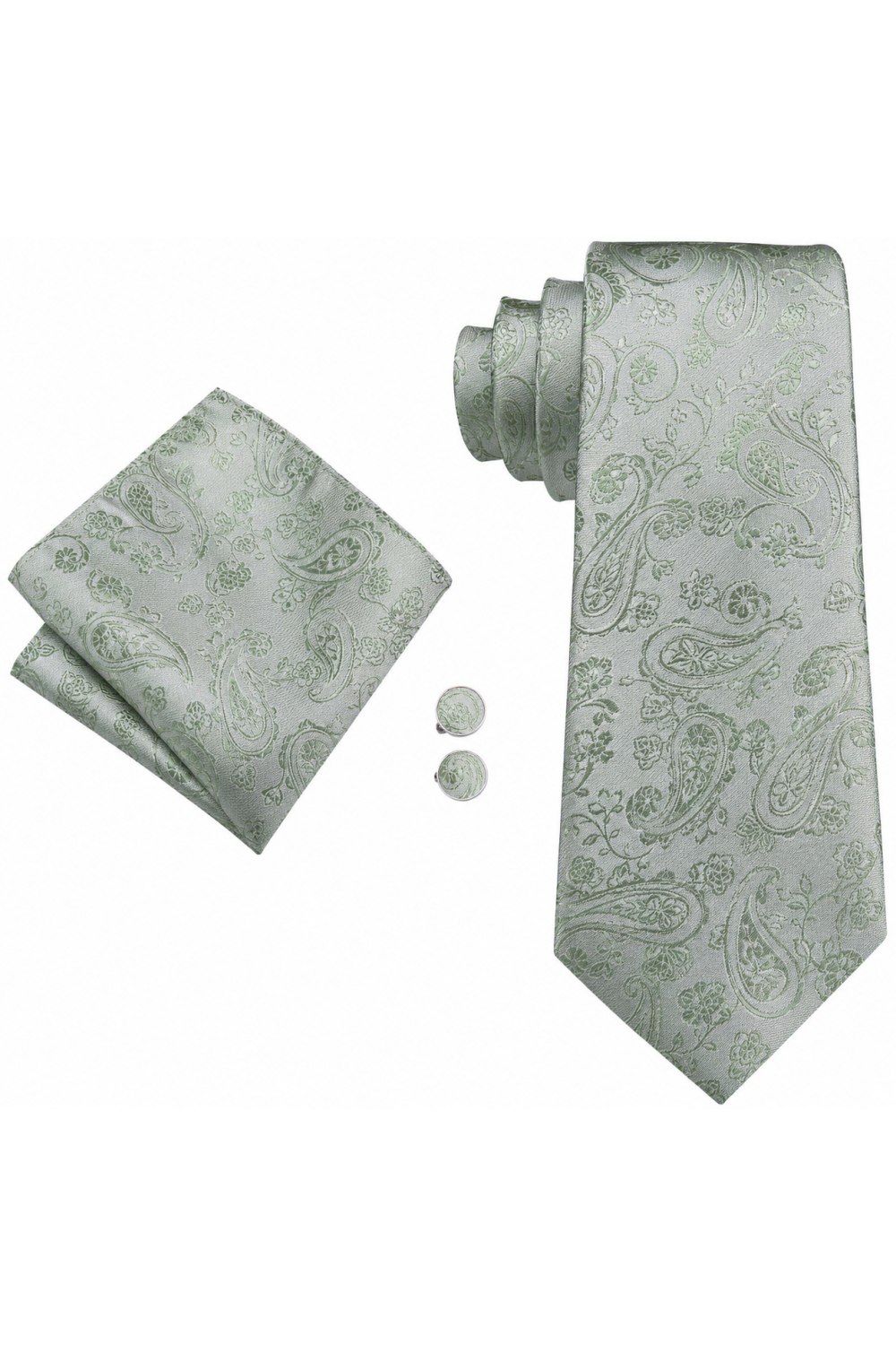 Mens Pastel Sage Green Paisley silk wedding tie, pocket square & cufflink set