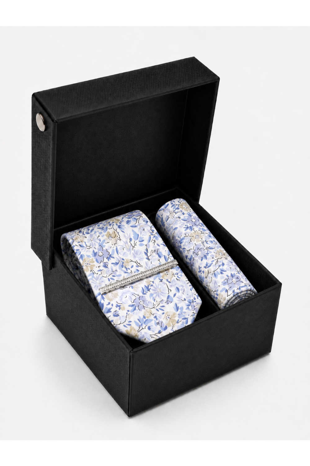 Blue Floral Tie, Pocket Square & Silver Tie Clip Gift Set