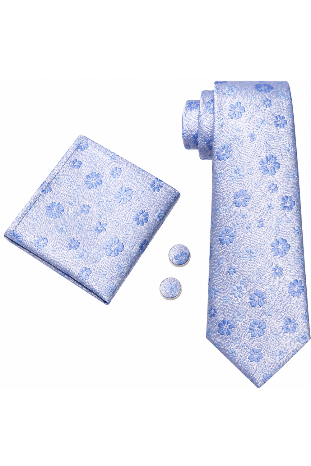 Mens Sky Blue Floral Tie Pocket Square Cufflink Set