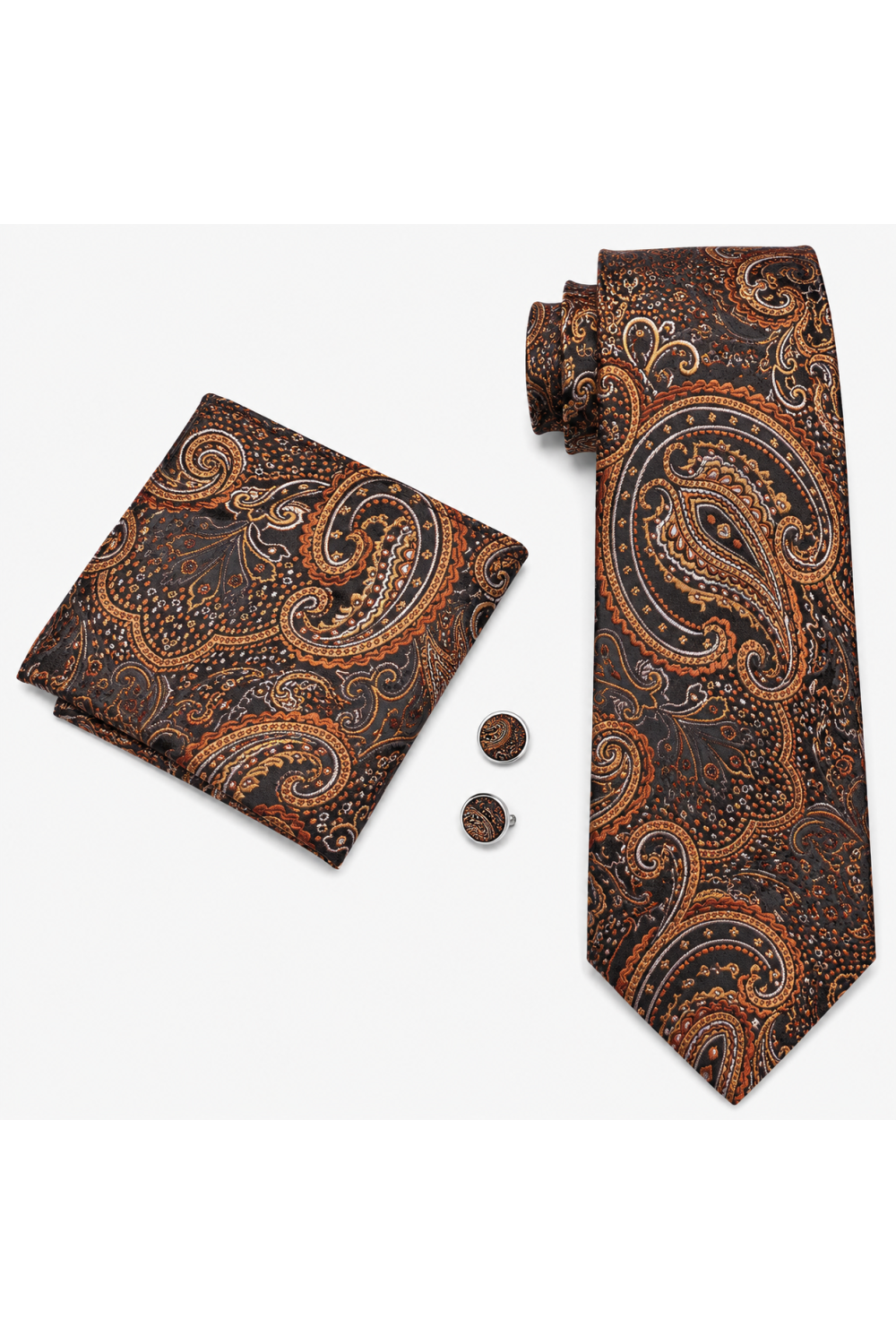 Mens Brown Paisley pocket square, Cufflink and tie set