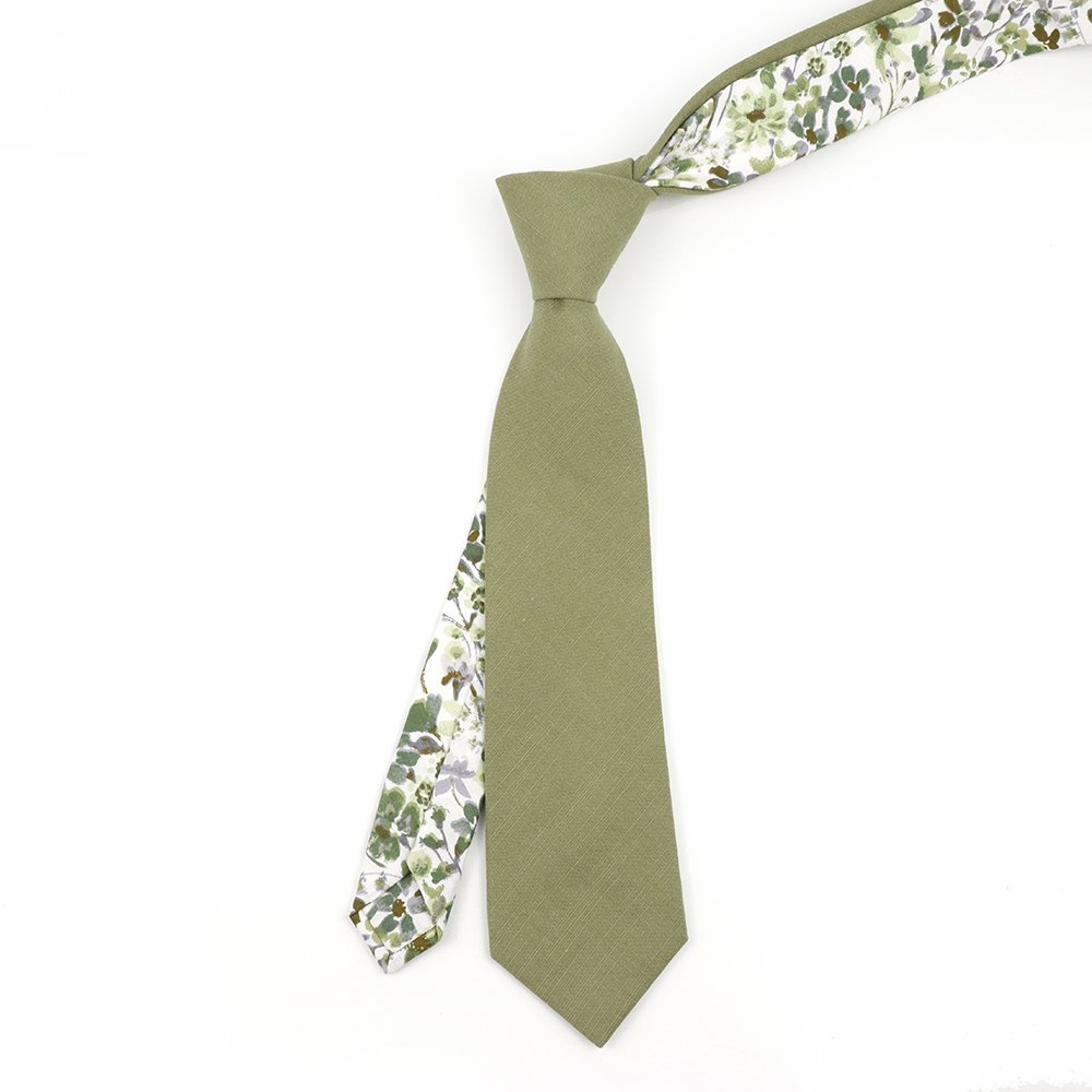 Two Tone Olive floral cotton tie & Pocket square set
