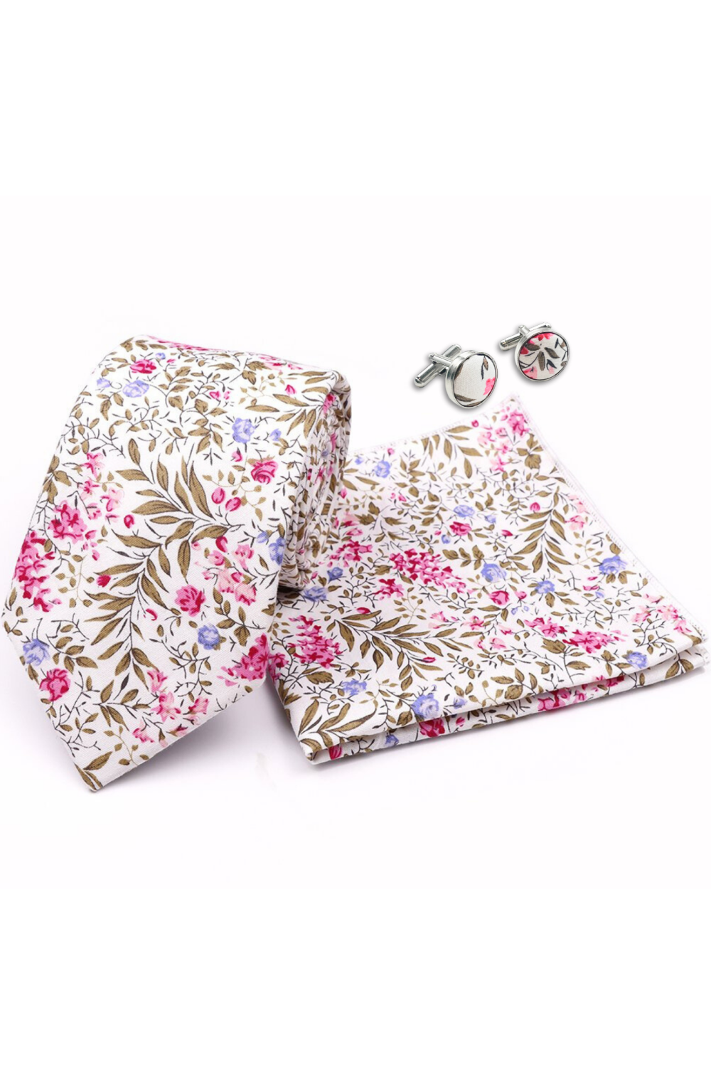 Fuchsia floral cotton classic mens tie, cufflink & pocket square set
