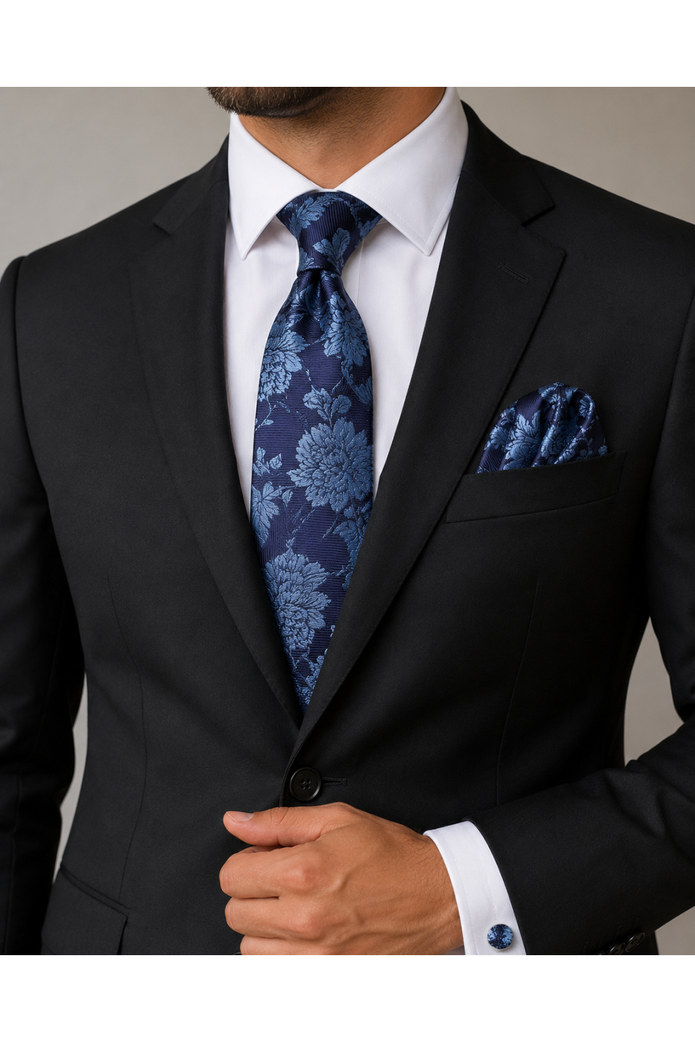 Mens Navy Floral Tie Pocket Square and Cufflink Set