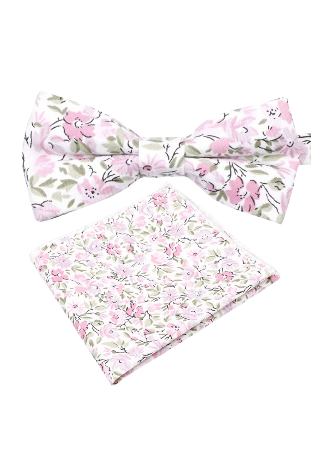 Soft Pink floral cotton classic mens bow tie & pocket square set