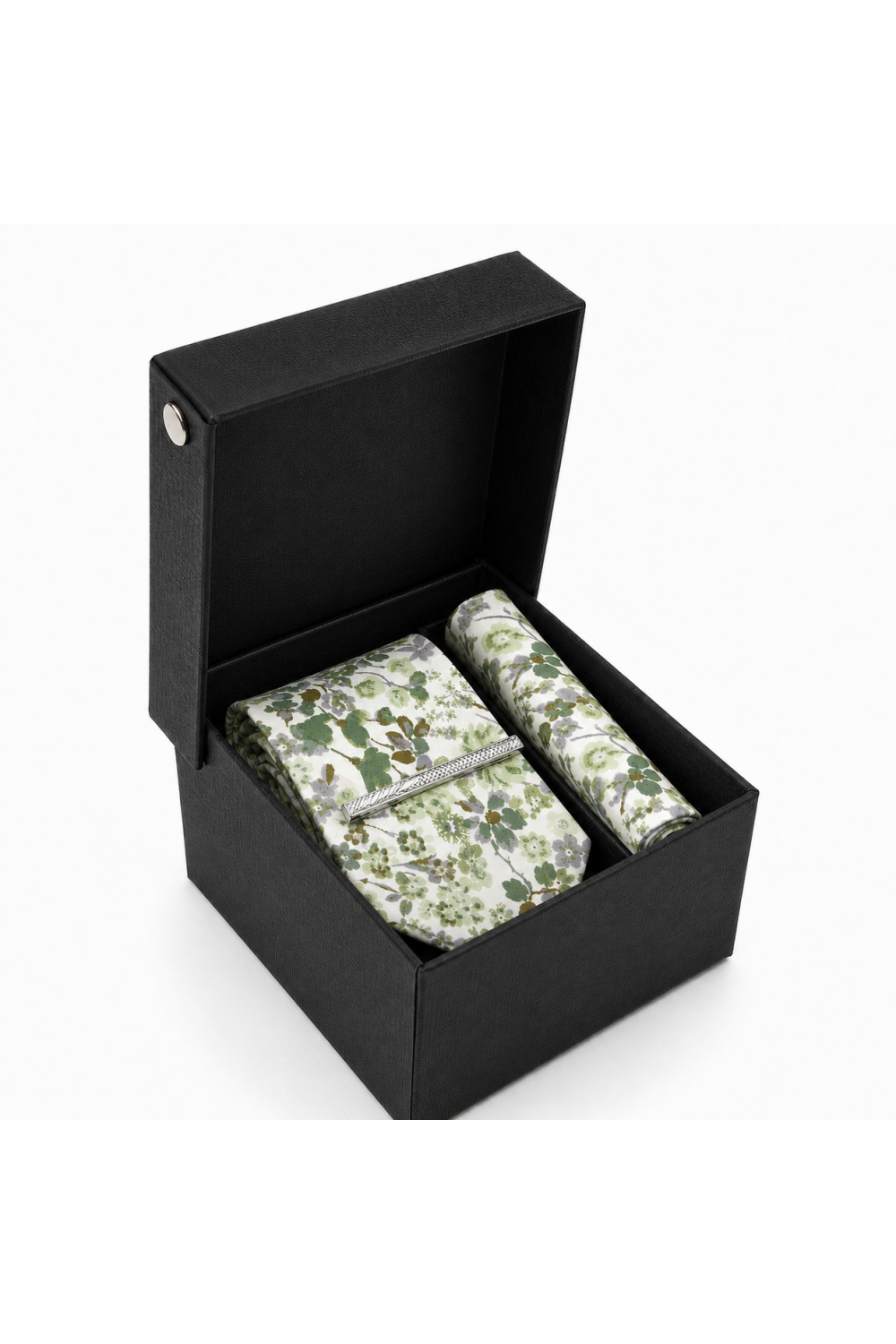 Olive Green Floral Tie Gift Set with Pocket Square & Silver Tie Clip