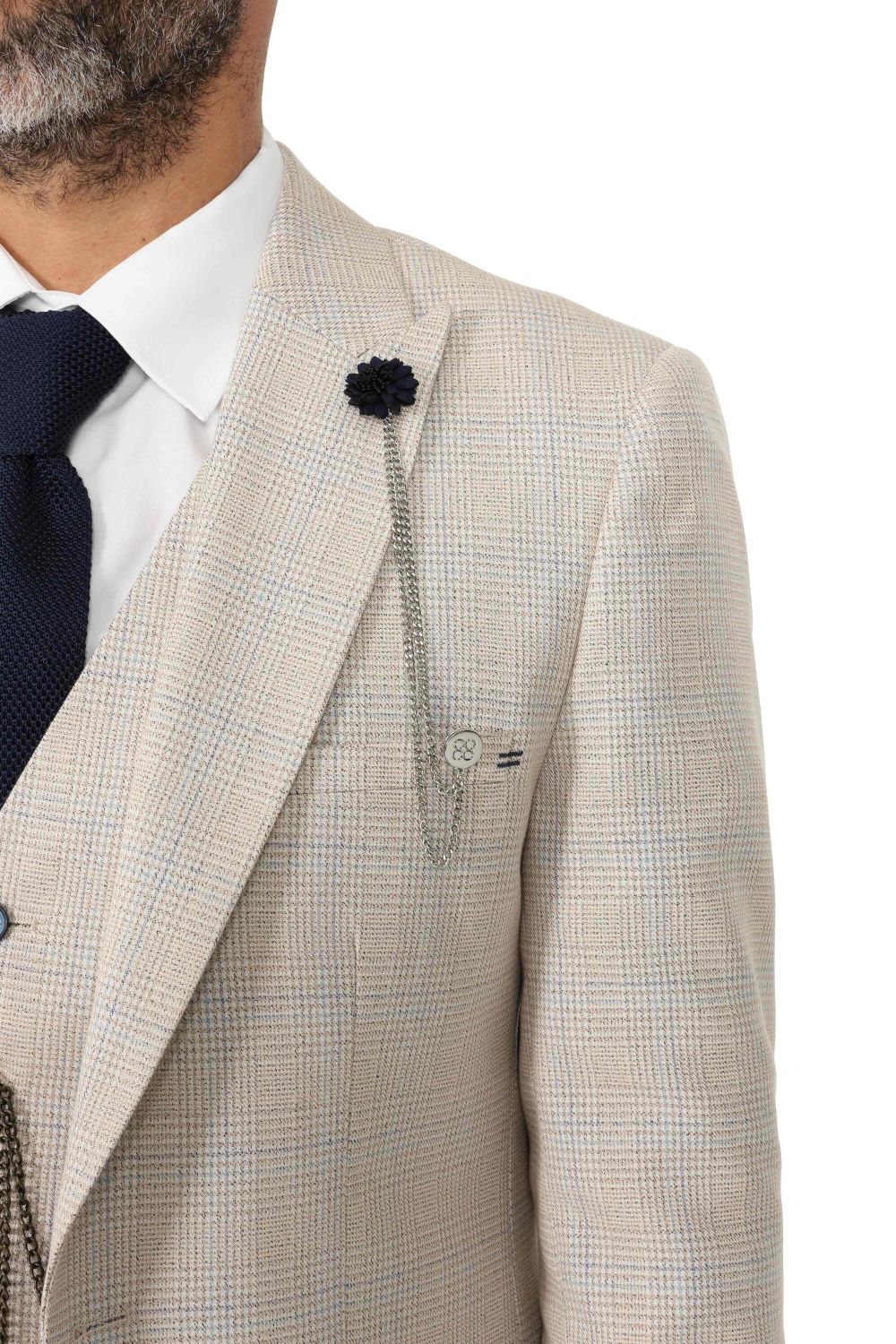 Stone Beige Check Suit with Contras Navy Trousers