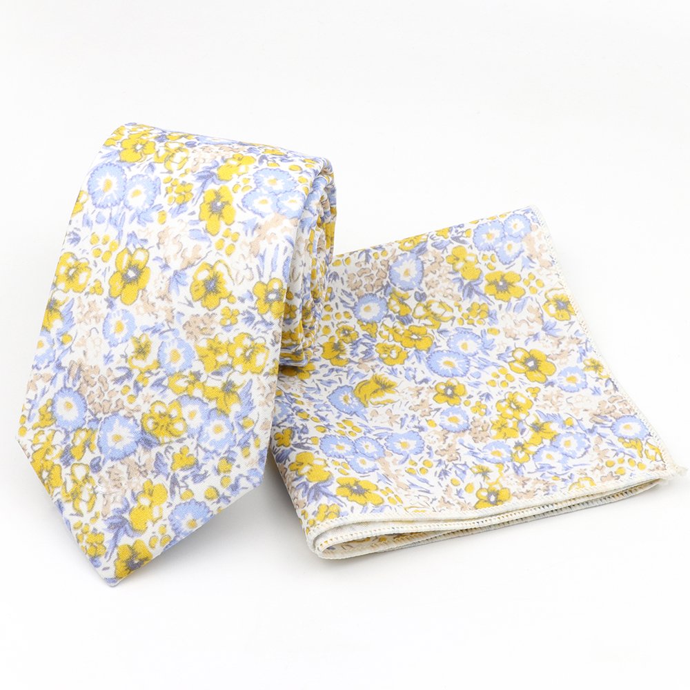 Blue & Yellow floral cotton classic mens tie & pocket square set