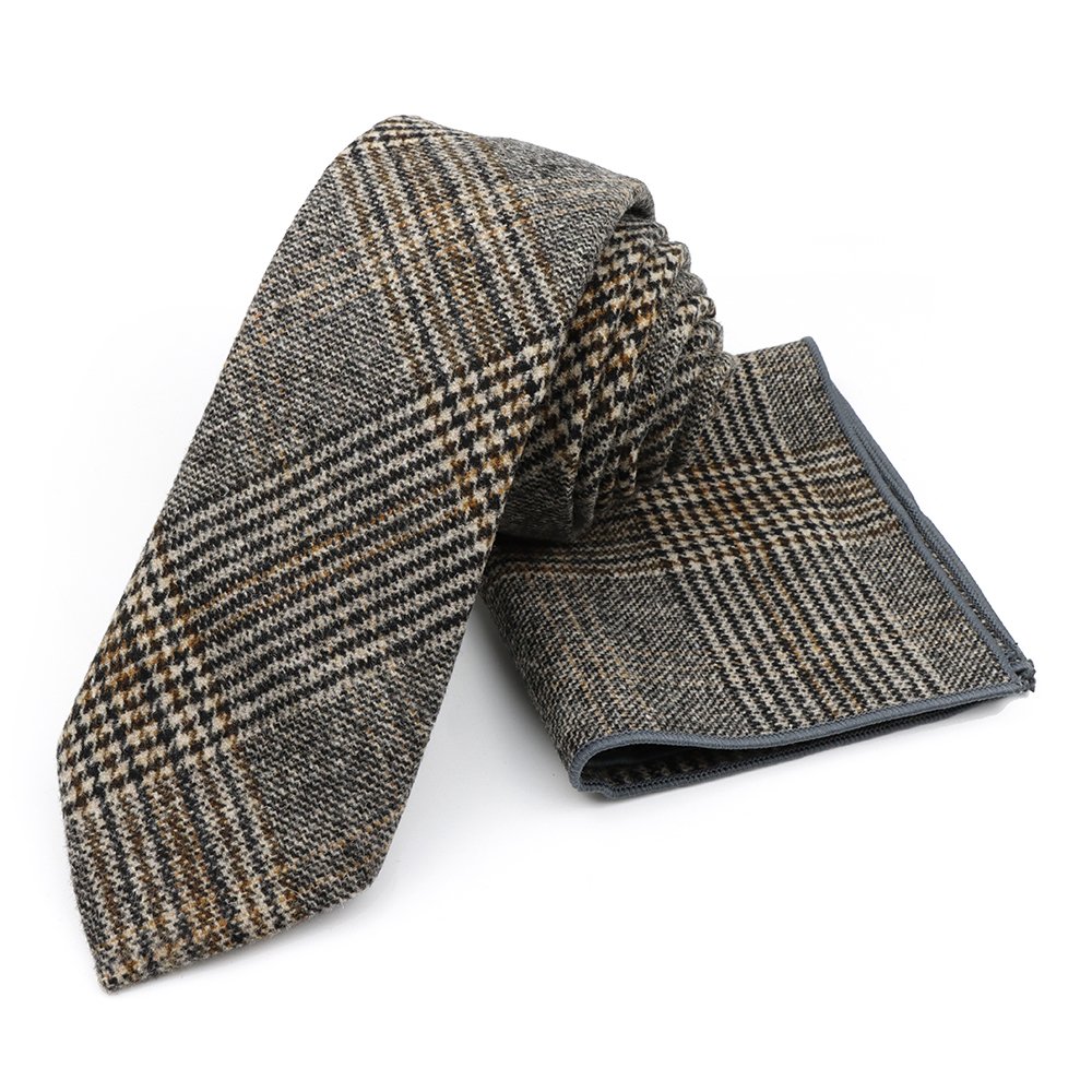 Mens Grey striped Wool Tweed Tie & Pocket square set