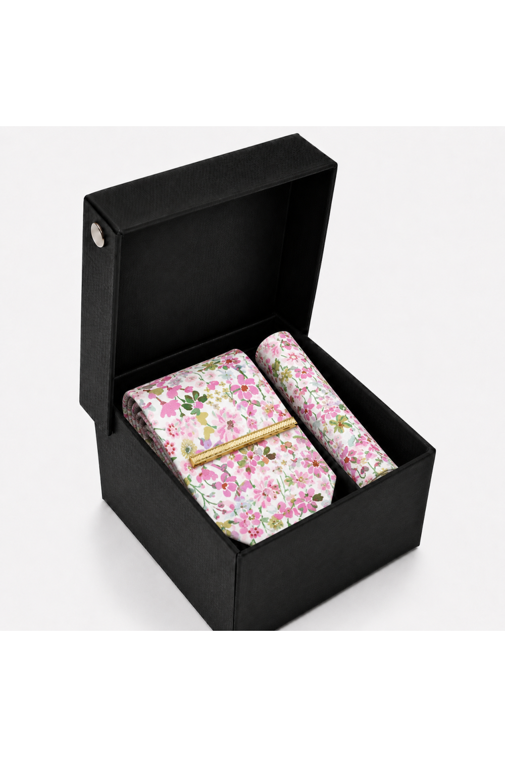 Pink Floral Tie, Pocket Square & Gold Tie Clip Gift Set