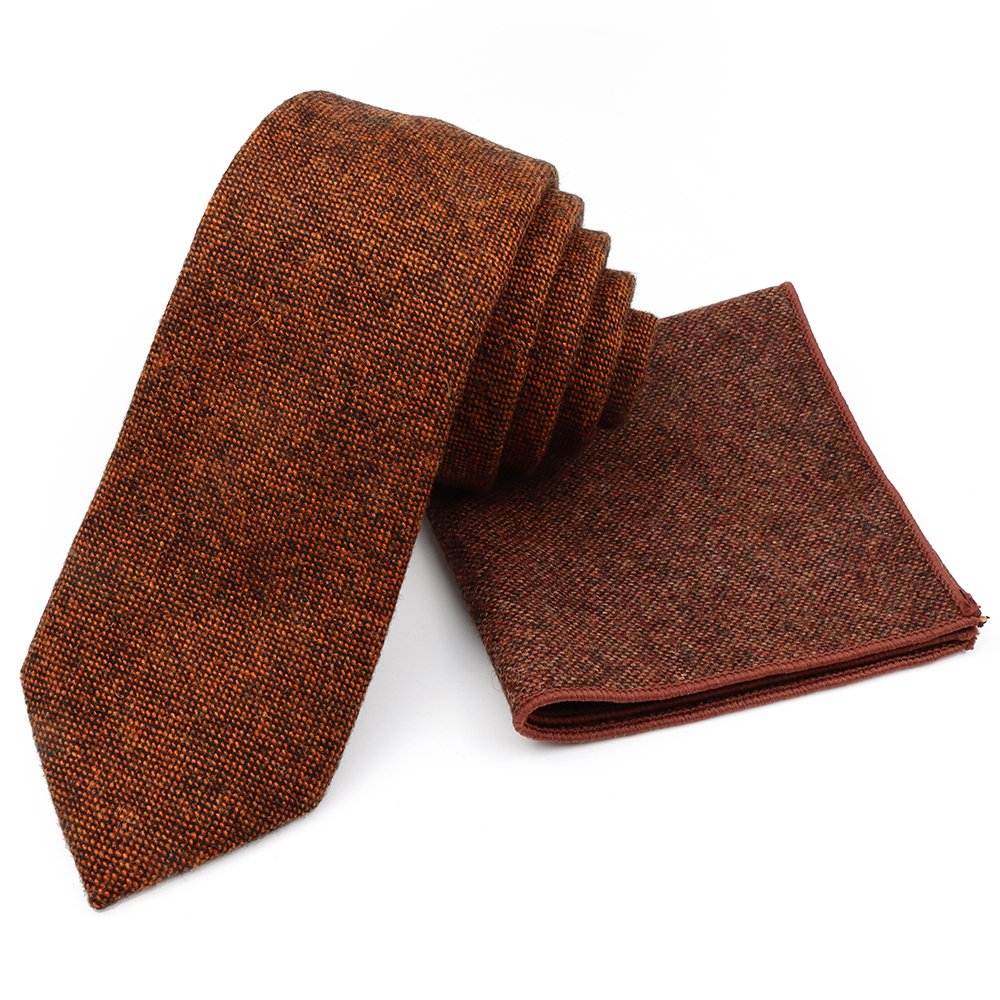 Mens Wool Tweed Rust Tie & Pocket square set