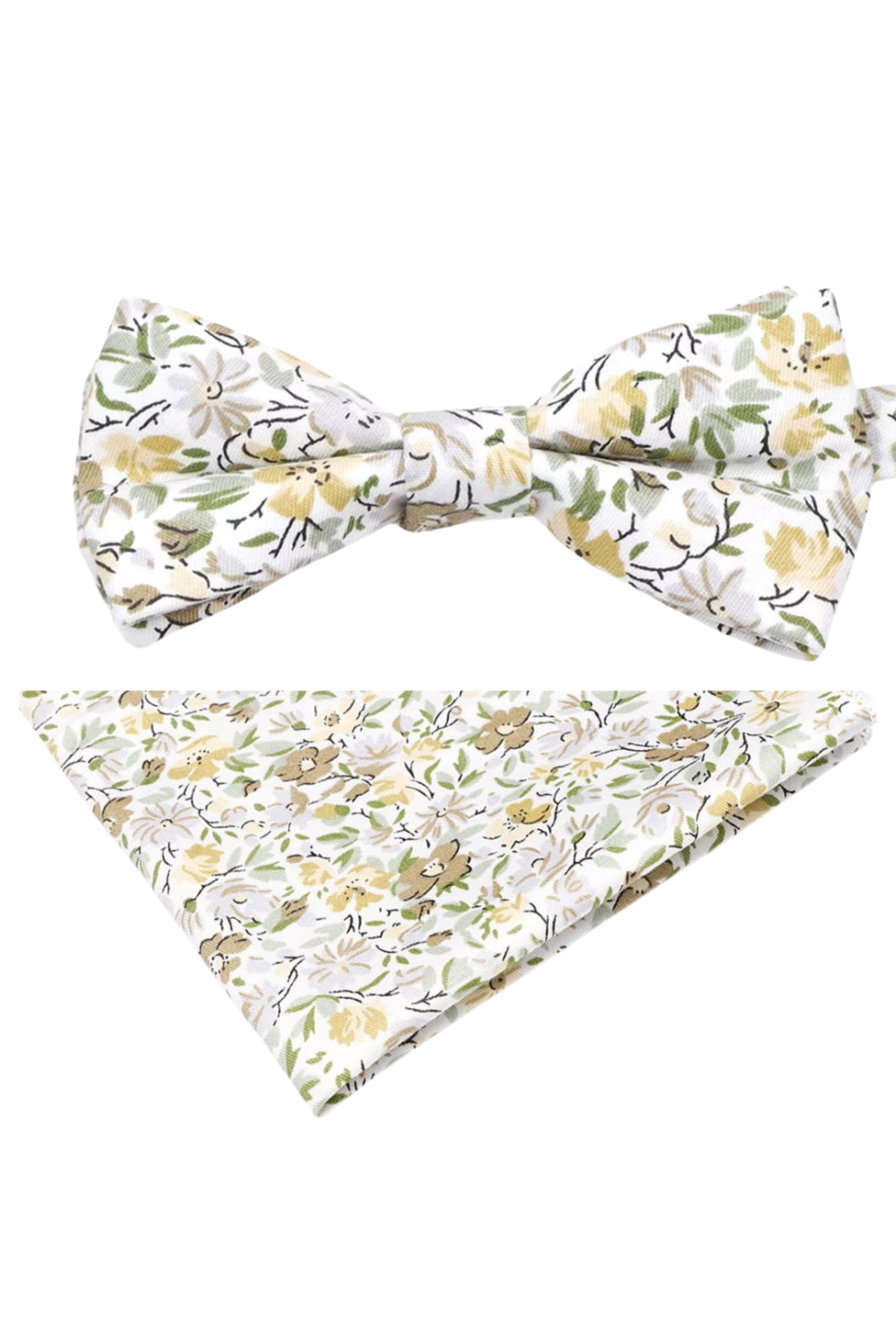 Green floral cotton classic mens bow tie & pocket square set