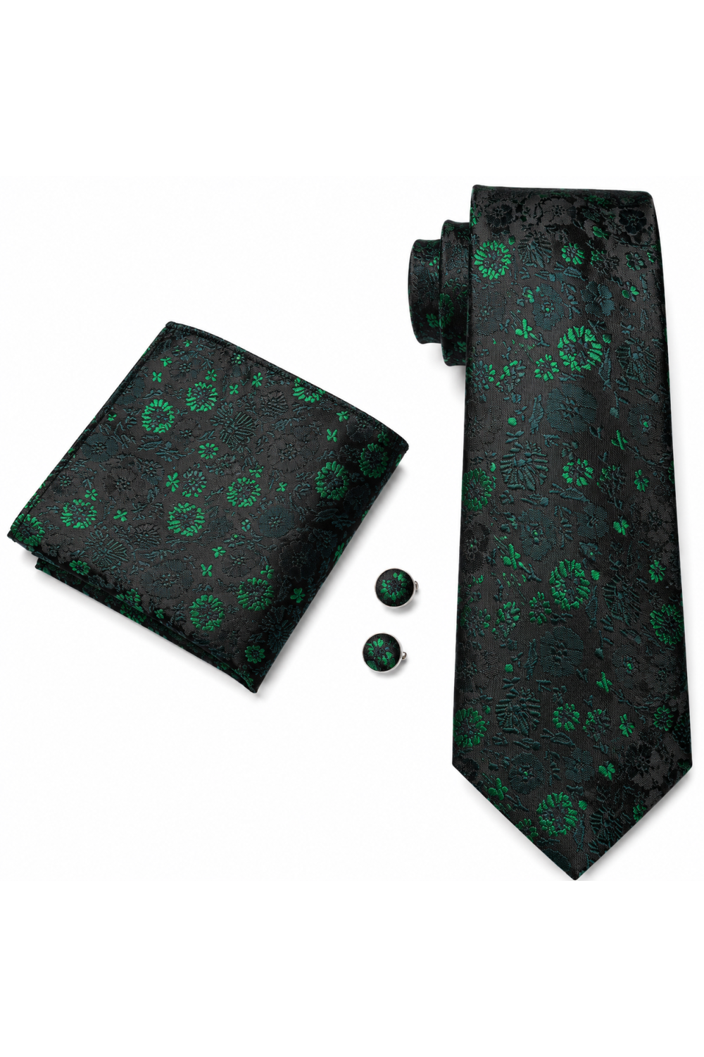 Mens Green Floral Tie, pocket square, Cufflink set