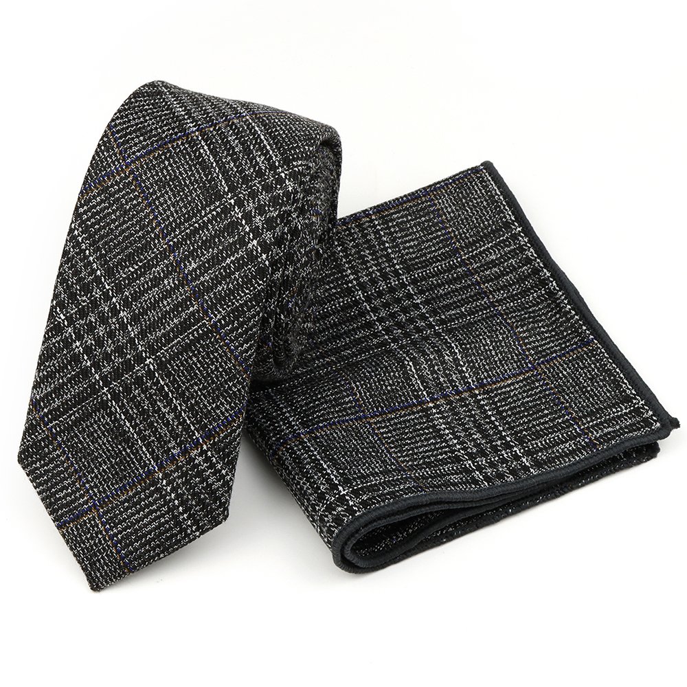 Mens Grey Check Wool Tweed Tie & Pocket square set