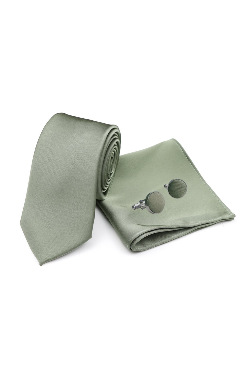 Olive green satin classic mens tie, cufflink & pocket square set