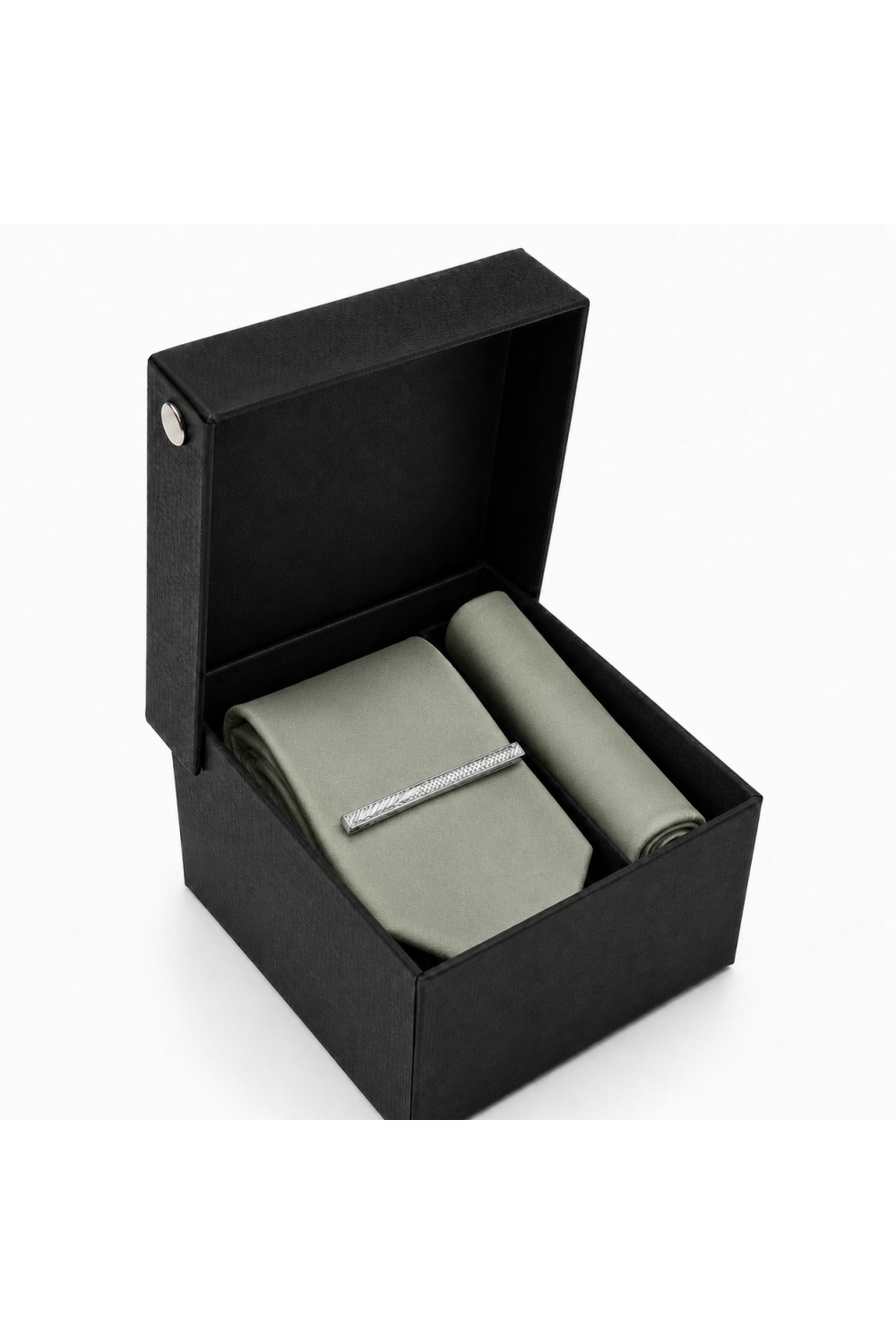 Olive green satin Tie, Pocket Square & Silver Tie Clip Gift Set