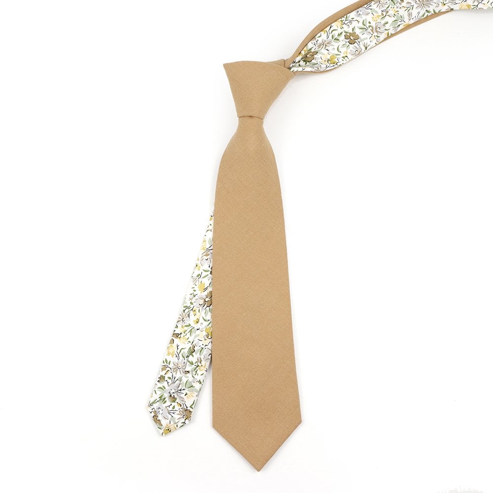 Two Tone Tan Green floral cotton tie & Pocket square set