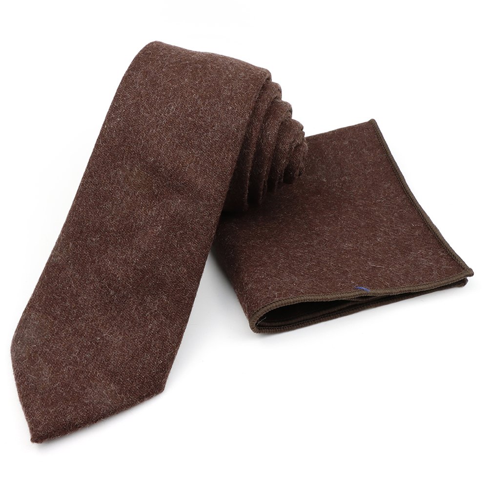 Mens Wool Tweed Brown Tie & Pocket square set