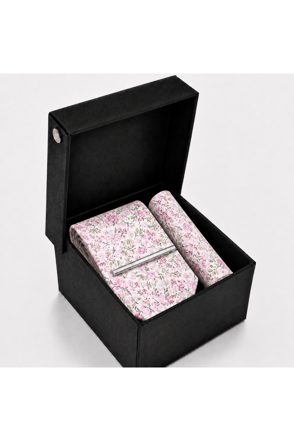 Pink Blossom Floral Tie, Pocket Square & Silver Tie Clip Gift Set