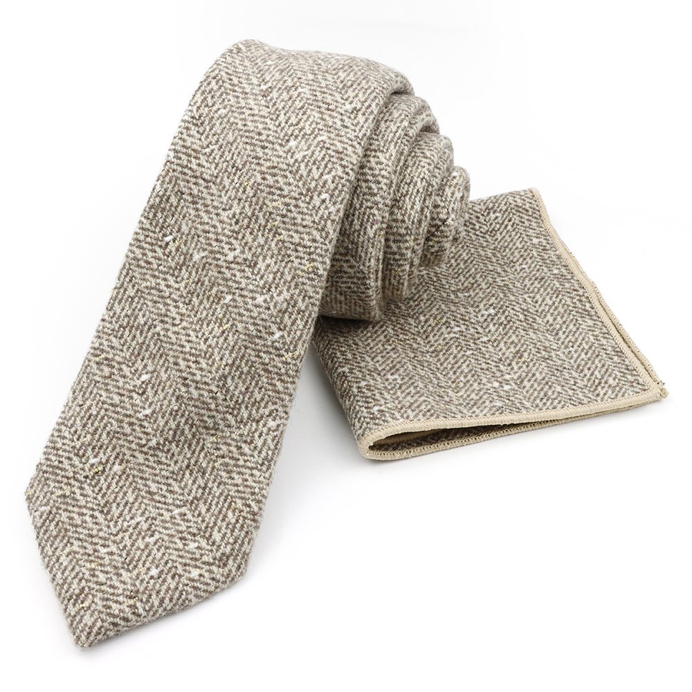 Mens Wool Tweed Stone Herringbone Tie & Pocket square set