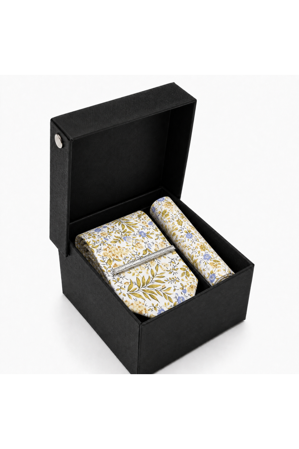 Yellow & Blue Floral Tie Gift Set with Pocket Square & Silver Tie Clip