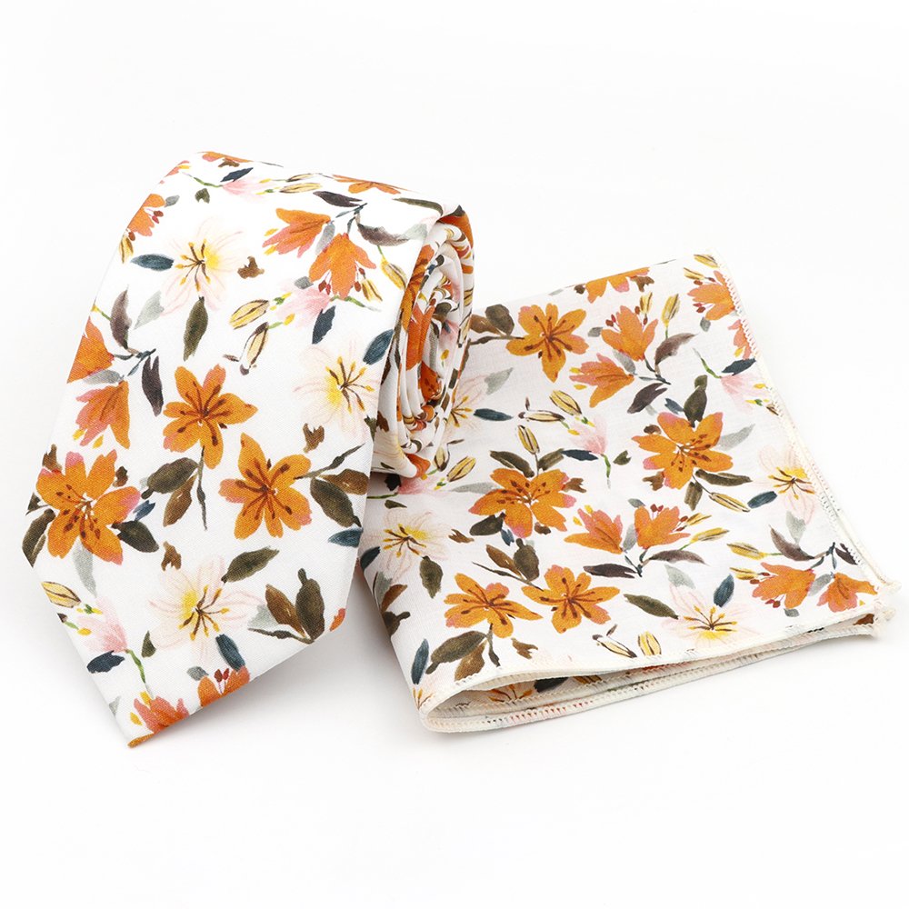 Orange floral cotton classic mens tie & pocket square set