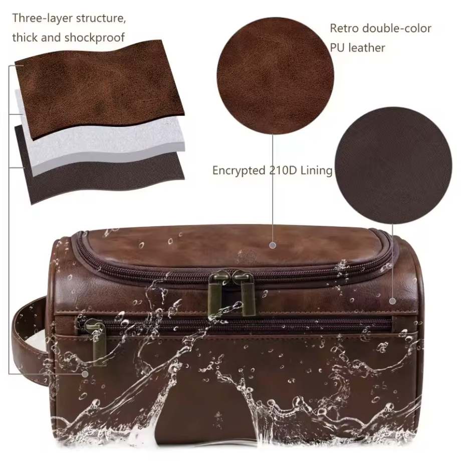 Large Brown Toiletry Wash Bag with Handle