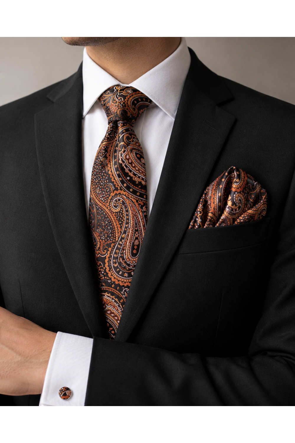 Mens Brown Paisley pocket square, Cufflink and tie set