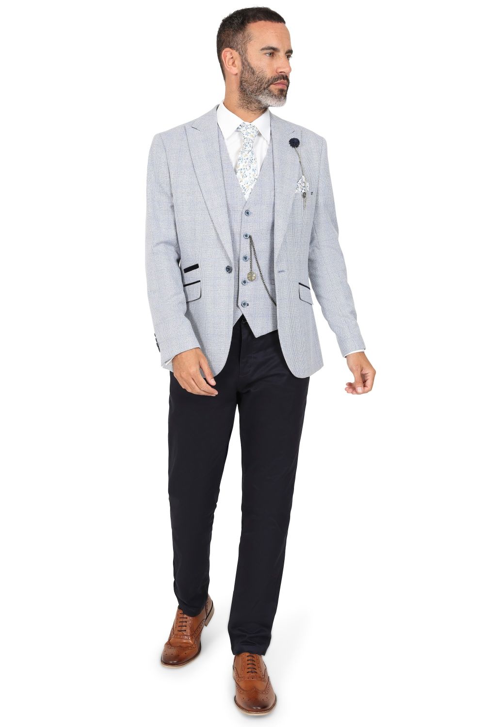 Cavani Sky Blue Check Three Piece Suit. with contrast trousers