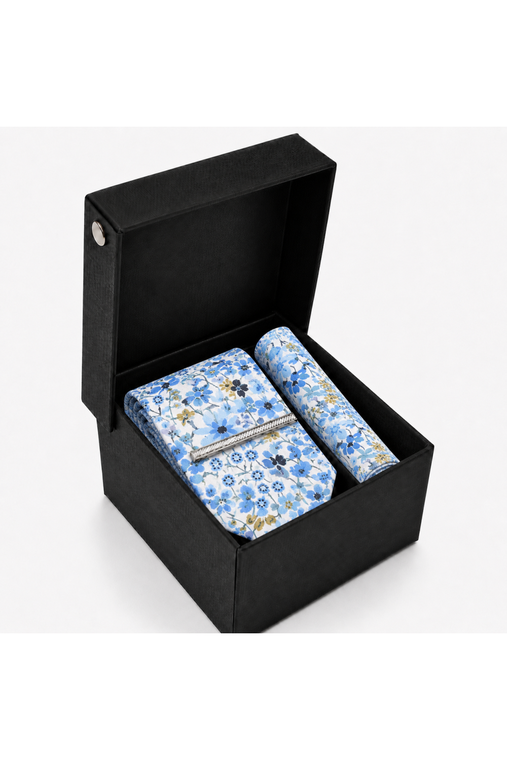 Blue Floral Tie, Pocket Square & Silver Tie Clip Gift Set