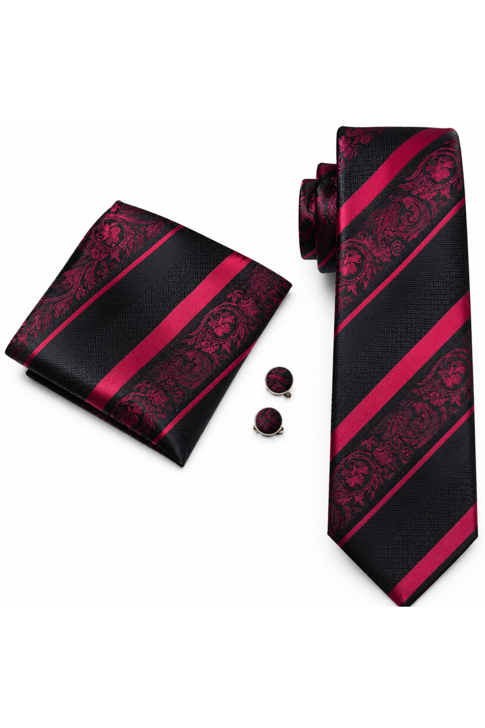 Black & Wine Paisley Stripe Tie, Pocket Square & Cufflink Set