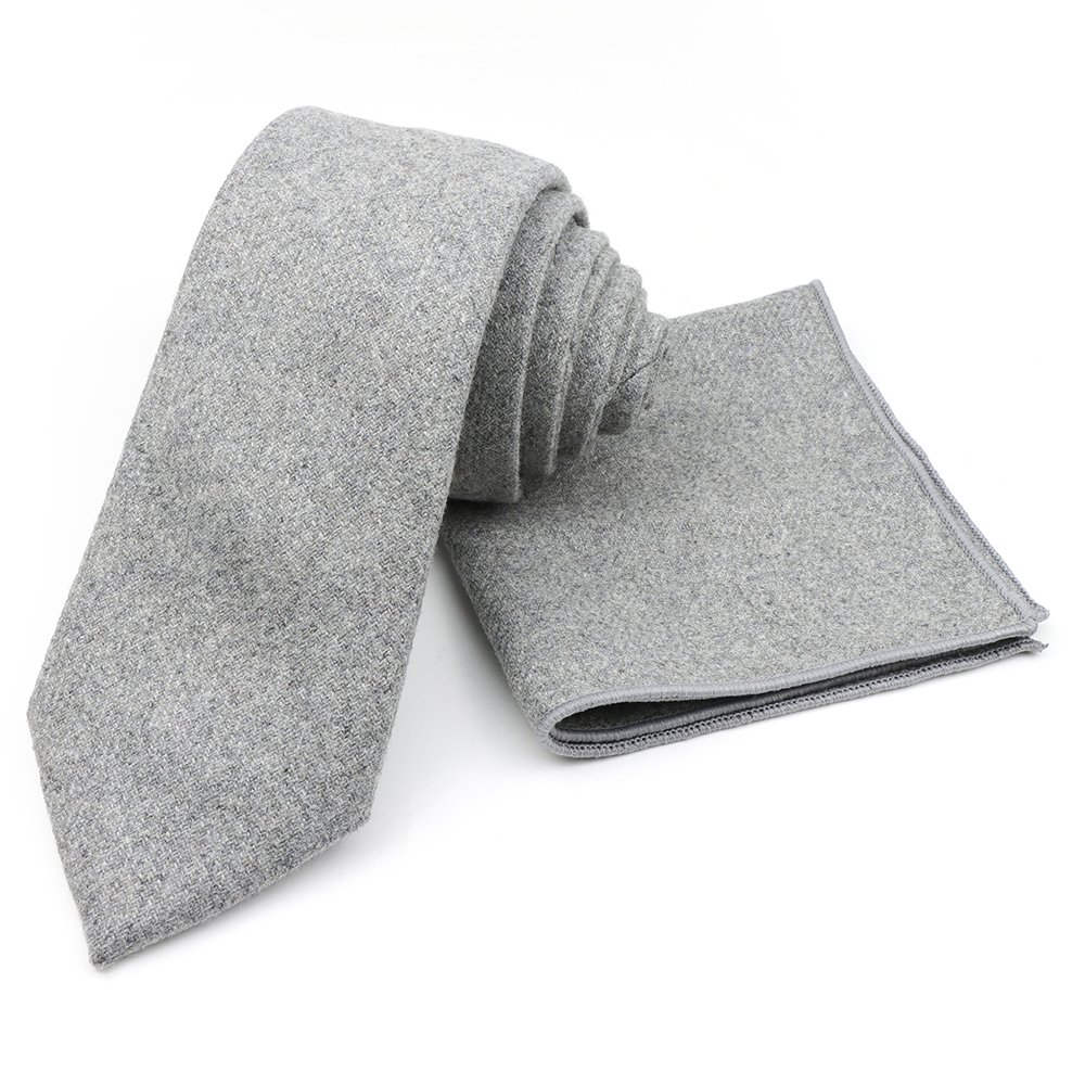 Mens Wool Tweed Grey Tie & Pocket square set