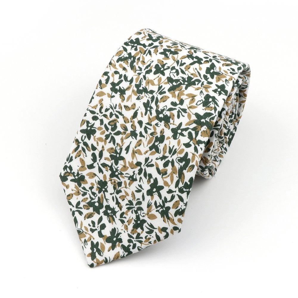 Olive floral cotton classic mens tie & pocket square set