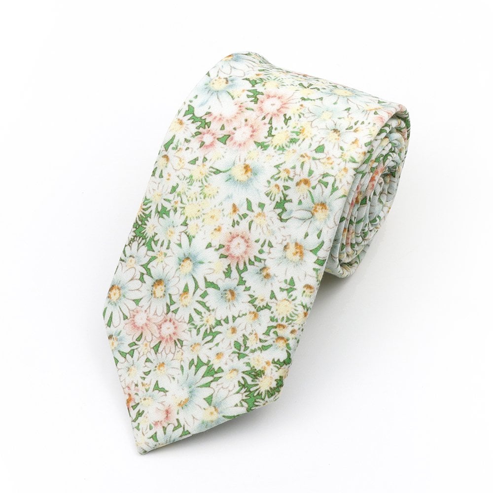 Green & White floral cotton classic mens tie & pocket square set