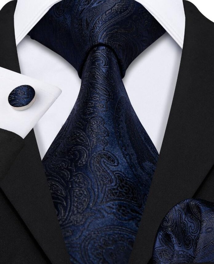 Navy and Black Paisley tie pocket square cufflink set
