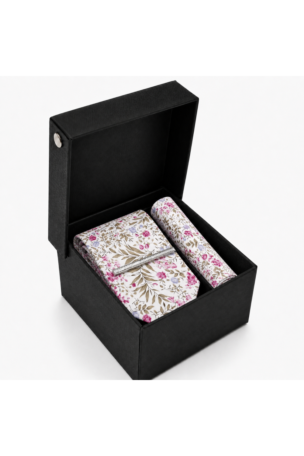 Fuchsia Pink Floral Tie, Pocket Square & Silver Tie Clip Gift Set