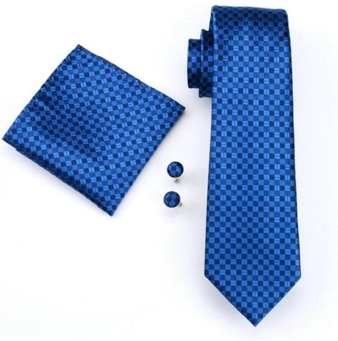 Mens dark blue check 100% silk pocket square, Cufflink and tie set