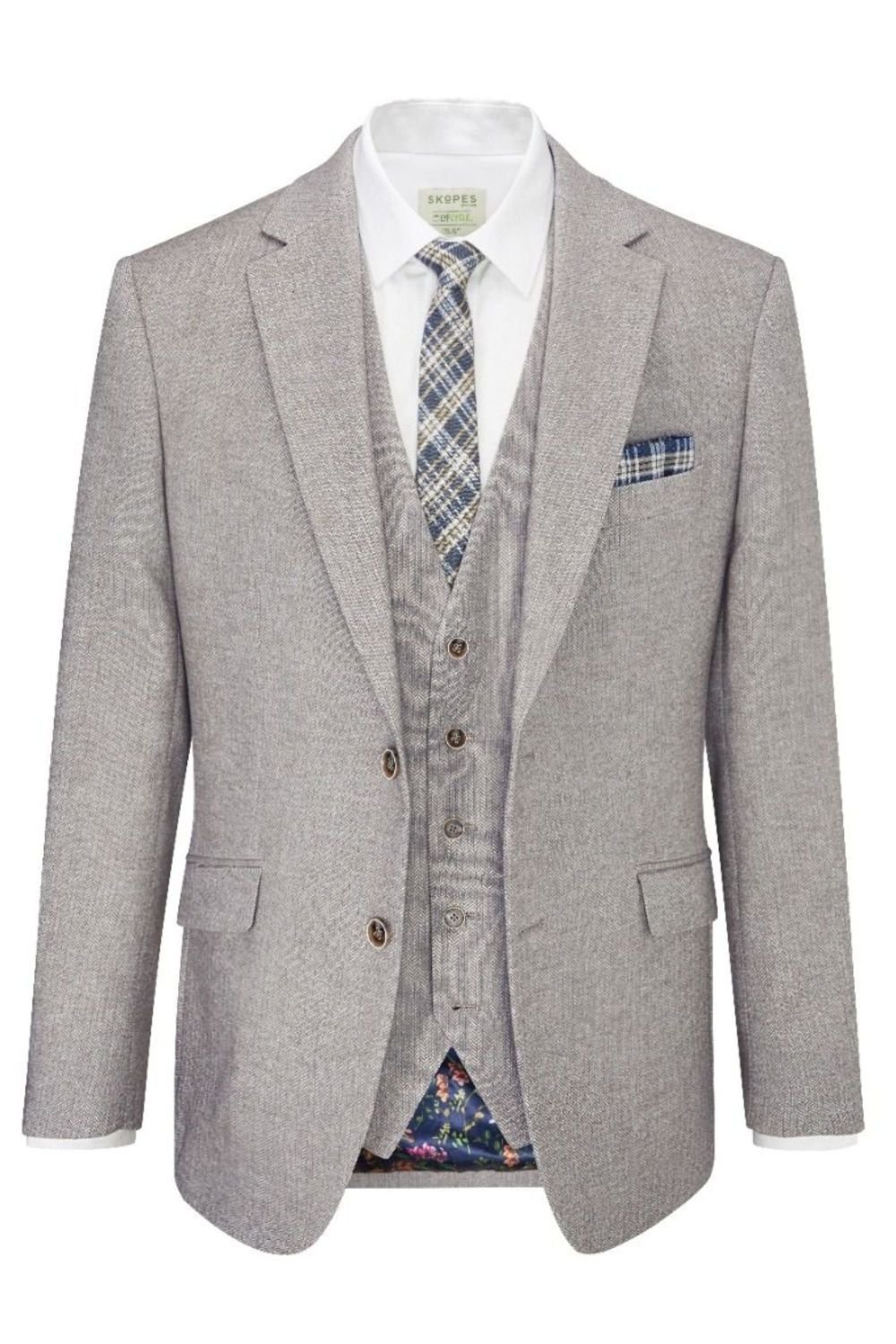 Skopes Jude Tailored Three Piece Suit Stone Tweed Herringbone