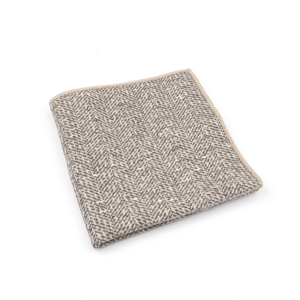 Mens Stone Herringbone Wool Tweed Pocket Square
