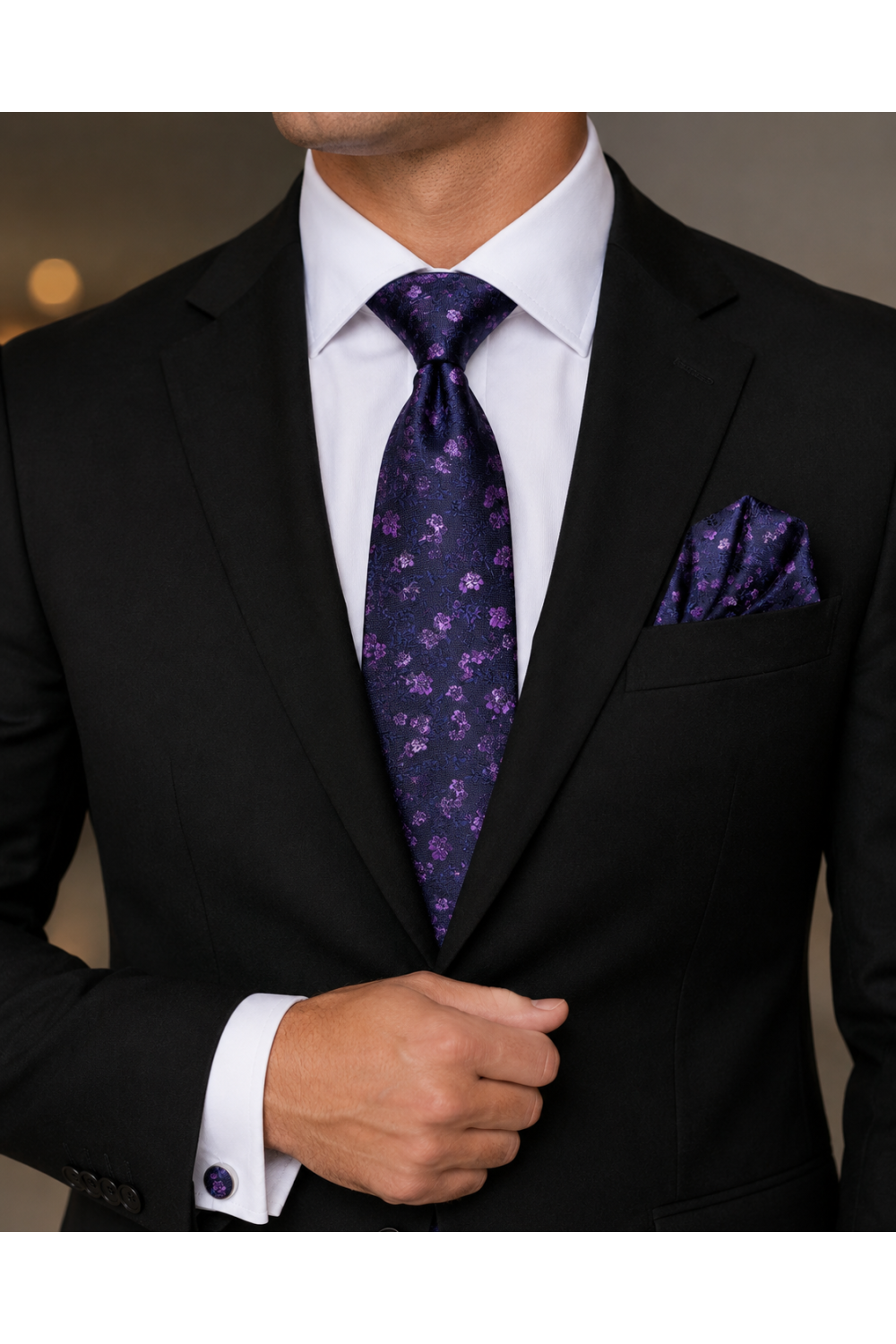 Mens Purple Floral pocket square, Cufflink and tie set