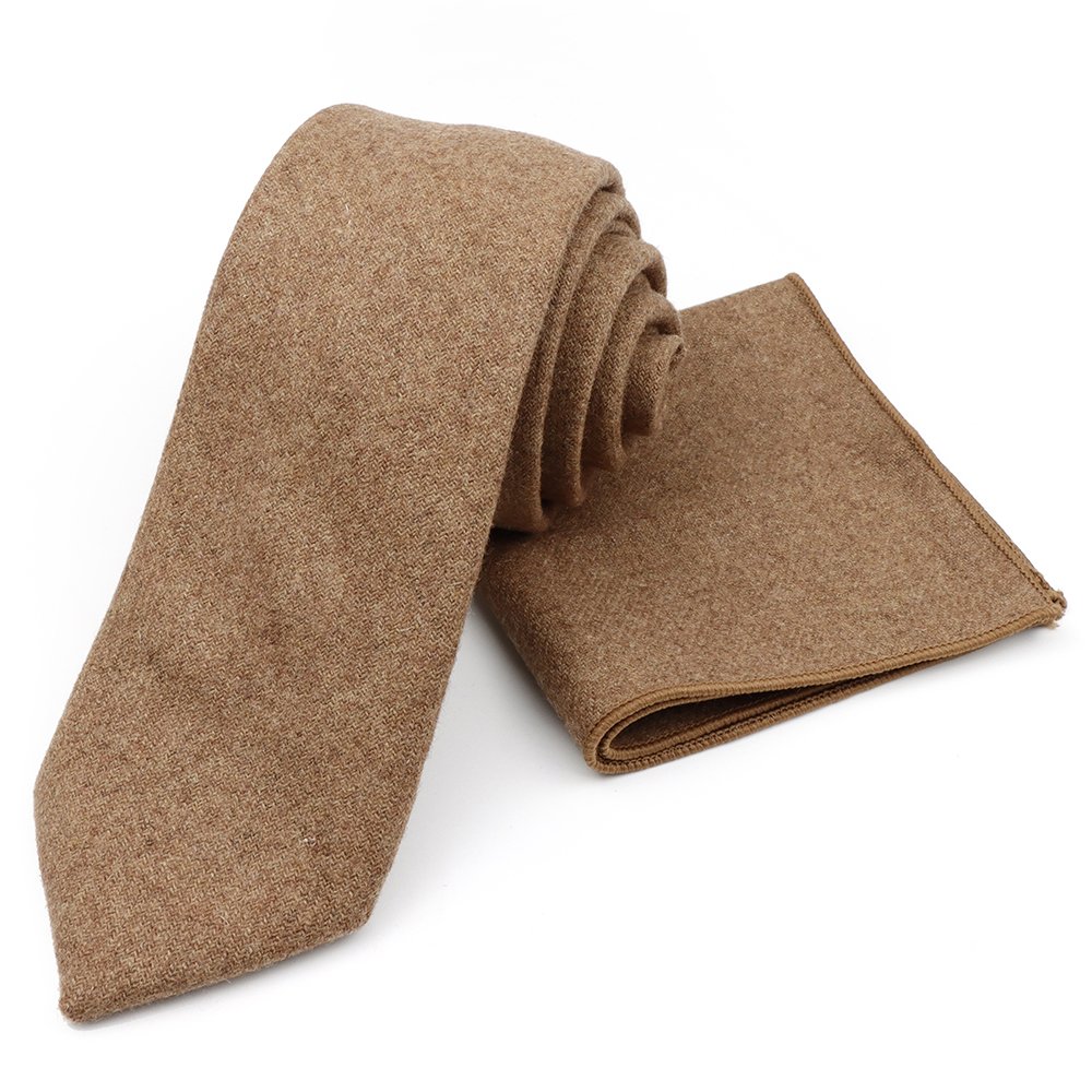 Mens Wool Tweed Tan Tie & Pocket square set