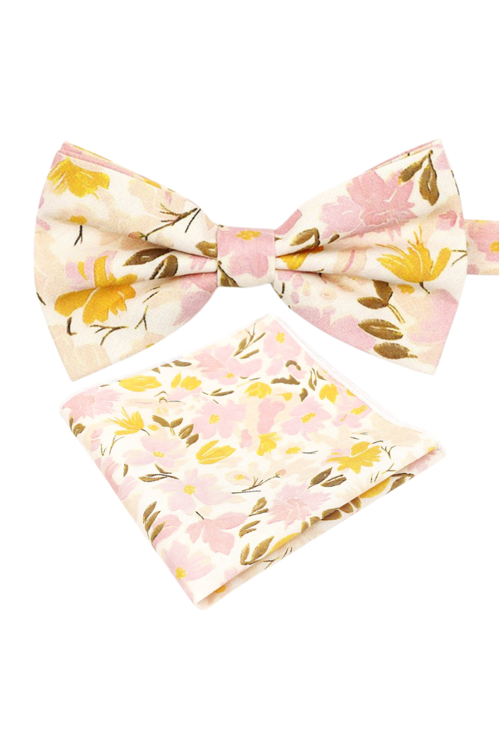 Yellow & Pink floral cotton classic mens bow tie & pocket square set