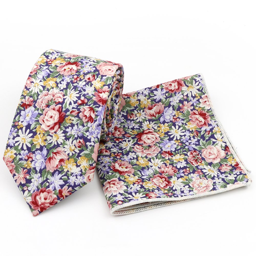 Red & Blue floral cotton classic mens tie & pocket square set