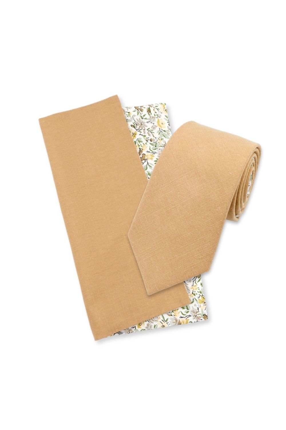 Two Tone Tan Green floral cotton tie & Pocket square set