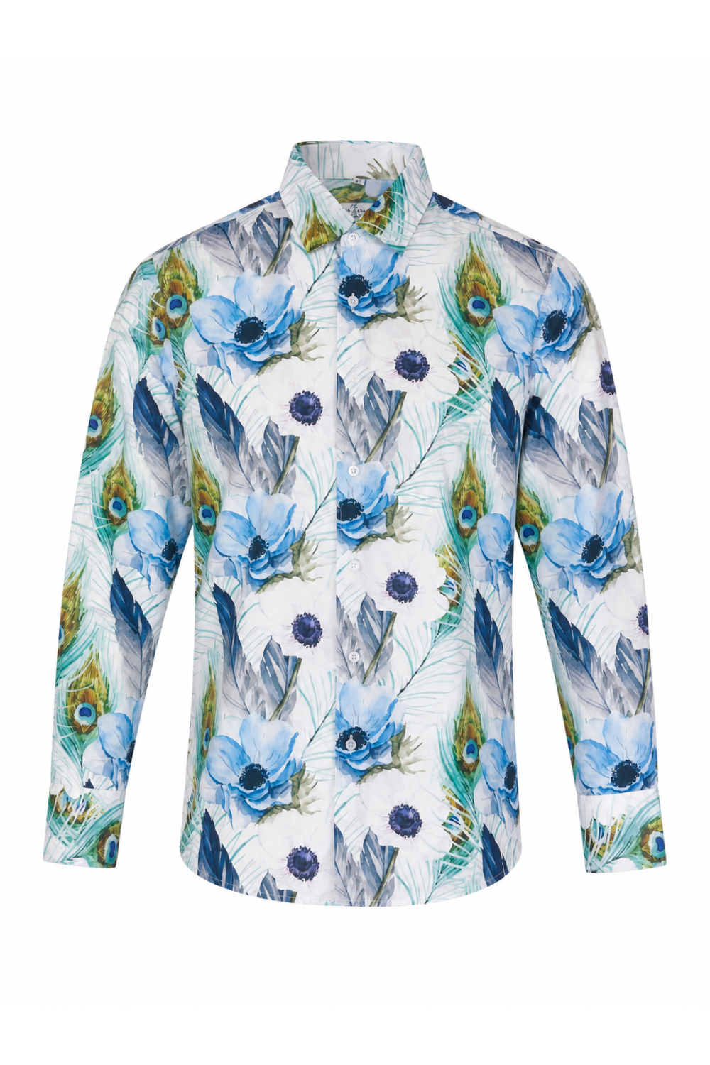 Blue Floral & Peacock Feather Print Long Sleeve Men's Shirt