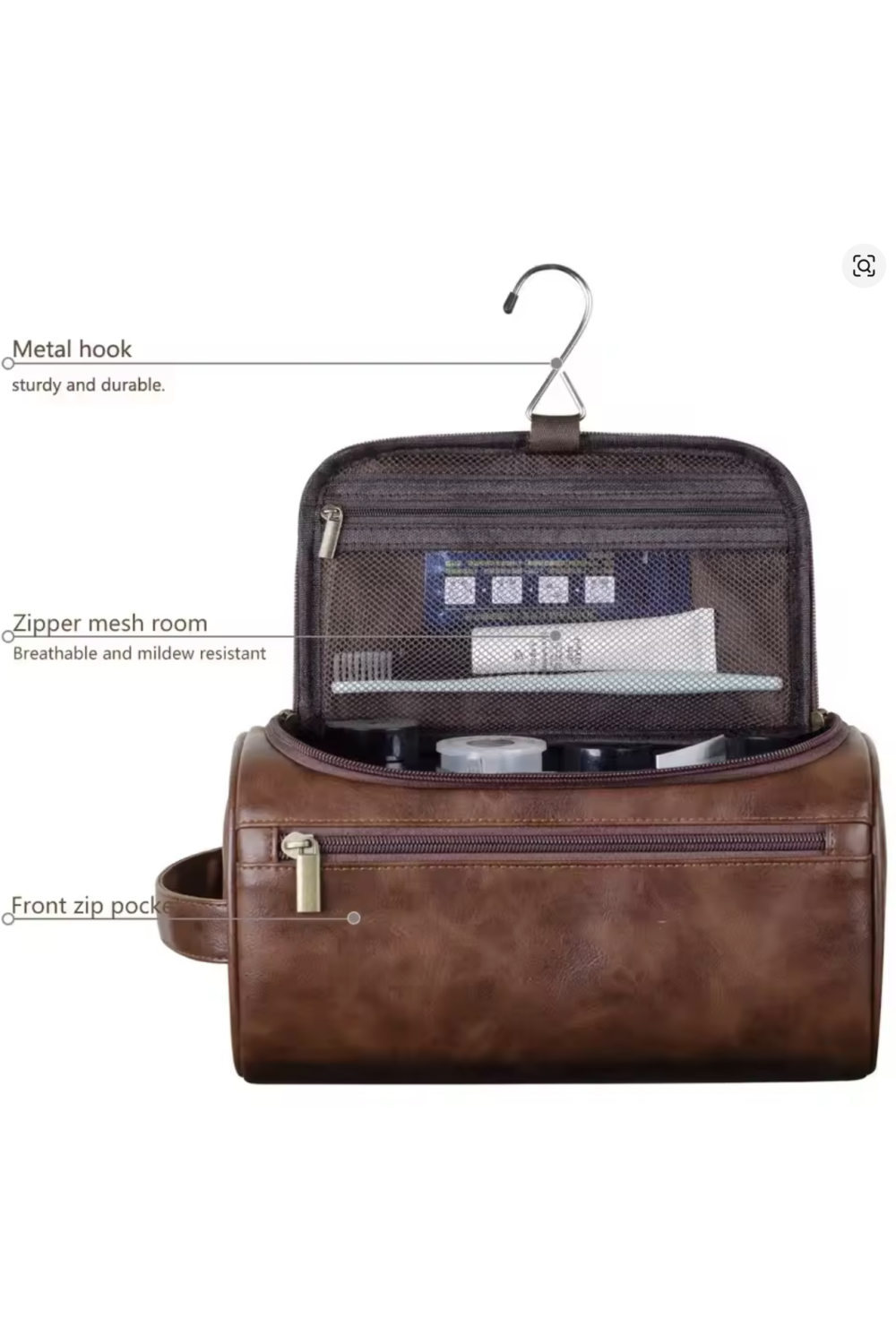 Large Brown Toiletry Wash Bag with Handle