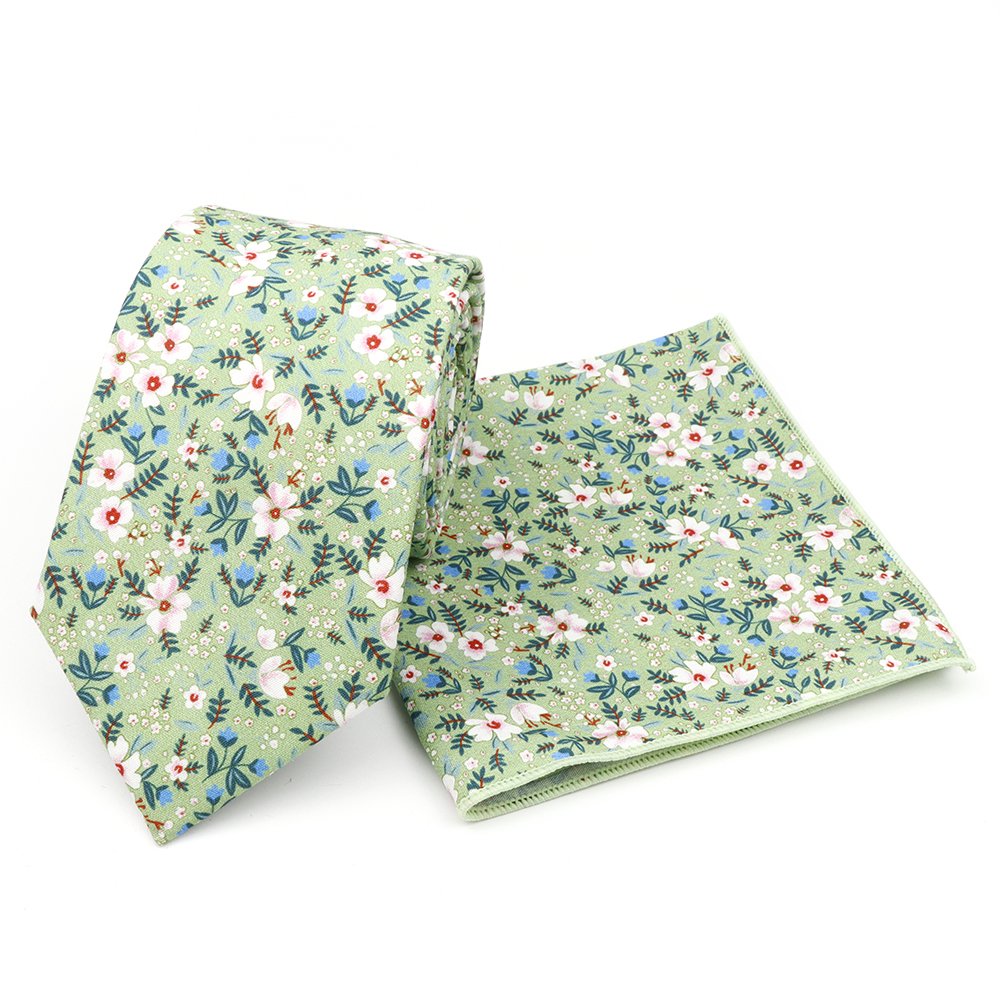 Green & Blue floral cotton classic mens tie & pocket square set