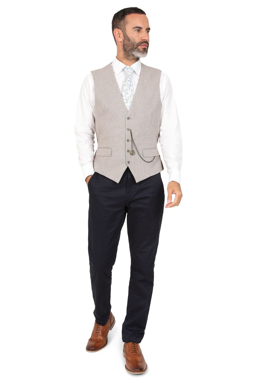 Stone Suit with Contrast Navy Trousers