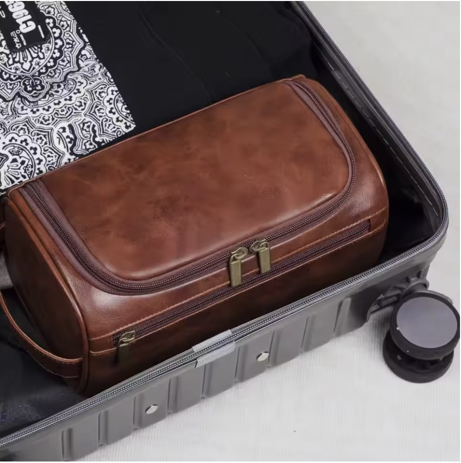 Large Brown Toiletry Wash Bag with Handle