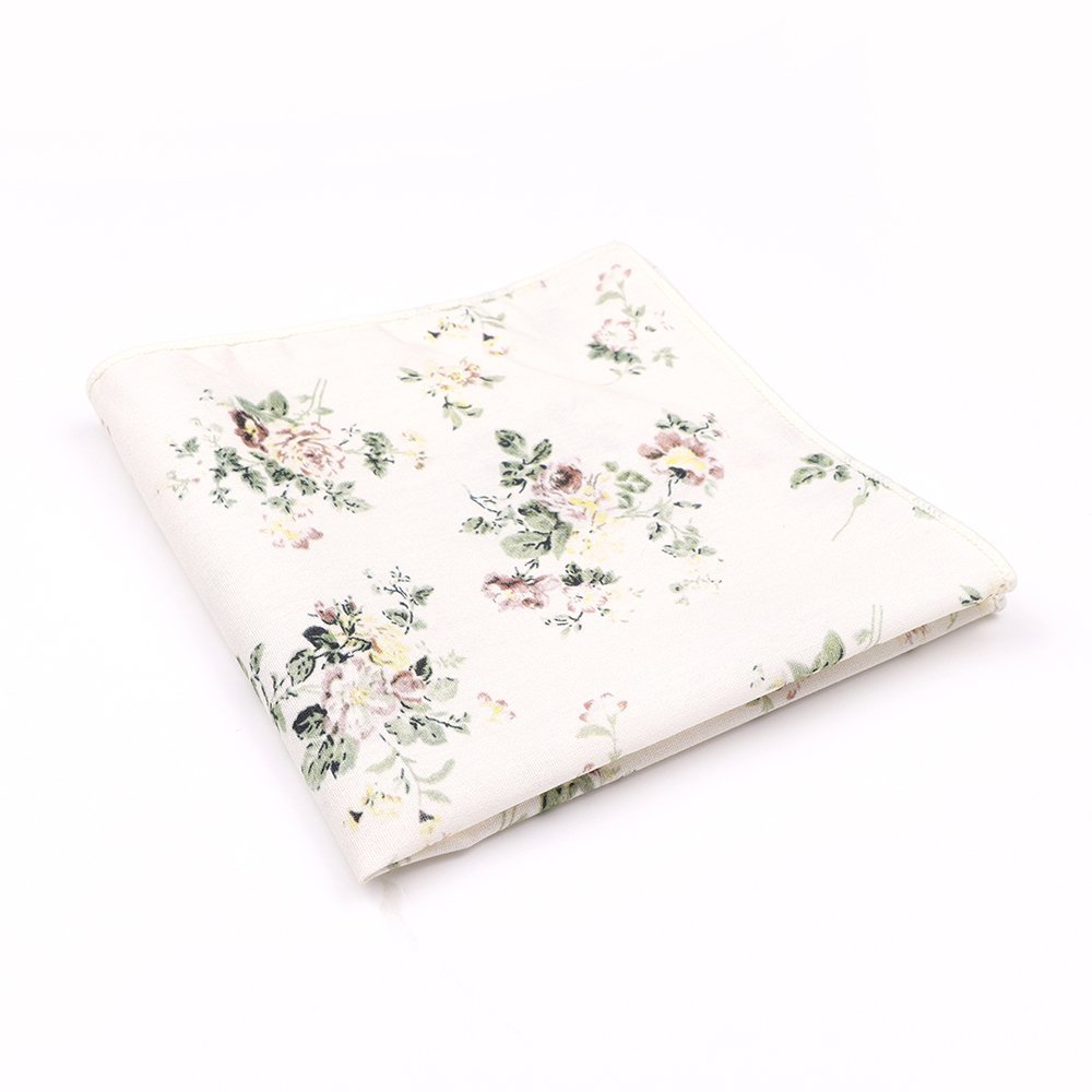 Ivory & Green floral cotton classic mens bow tie & pocket square set