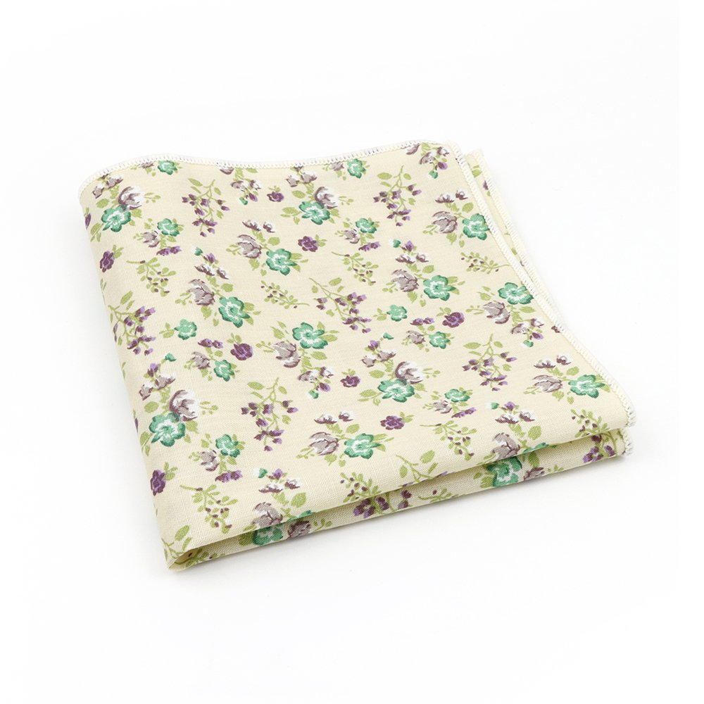 Cream & Green floral cotton classic mens tie & pocket square set